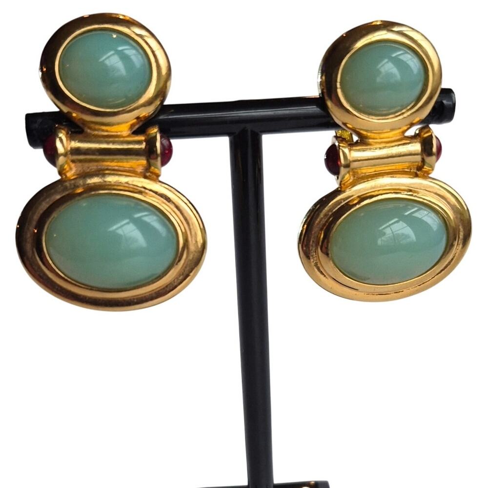 Vintage Elizabeth Taylor for Avon Sea Green Cabochon Earrings | 22K Gold Plated